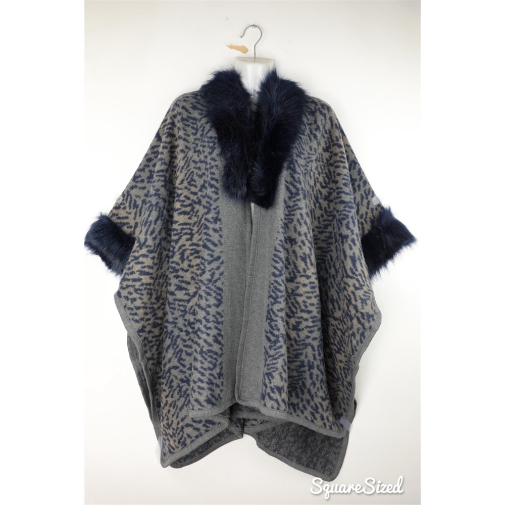 Blue Leopard print Faux Fur Trim Poncho